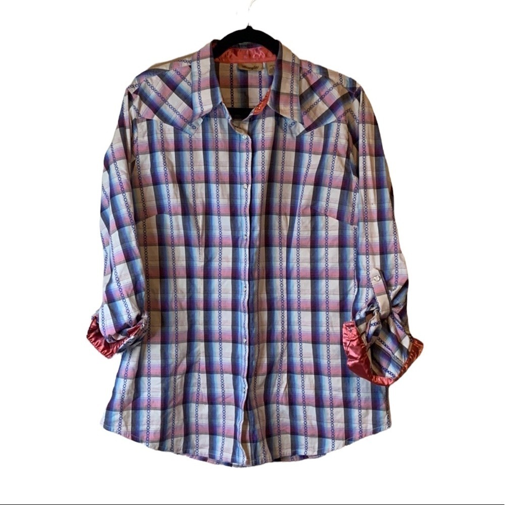 Wrangler Womens Single Stitch Western Plaid Pearl Snap Shirt Large Pink Cowgirl